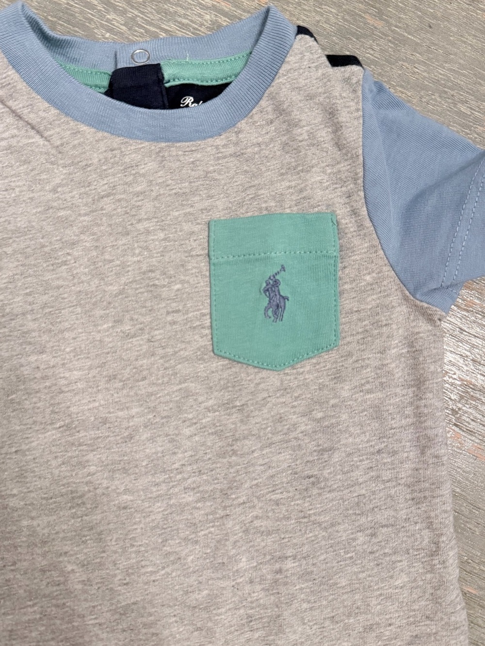 Ralph Lauren Baby Colorblock Pocket Romper - Gray with green & Blue size 3 month - Picture 3 of 5